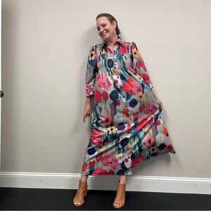 Elegant Red and Pink Long Sleeve Sundress with Notched Collar